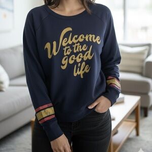 Zoe + Liv Navy Sweatshirt Welcome to the Good Life Graphic Striped Cuff XXL